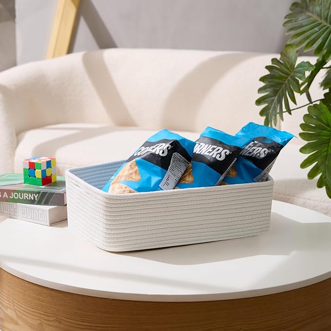 MiniArk Large Shallow Organizing Baskets 15x11x5.1 Inches - Rope Woven Storage Bins for Bathroom, Shelves, Cube Closet, Off White 2 Packs