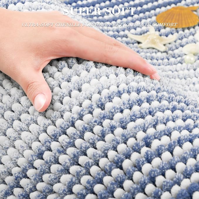 Bathroom Rugs and Mats Sets, 2 Piece Thick Absorbent Chenille Bath Mat Rug Set Non Slip, Soft Shaggy Bath Room Floor Mats for Bathroom, Machine Washable (20" x 47" Plus 16" x 24",Denim Blue)