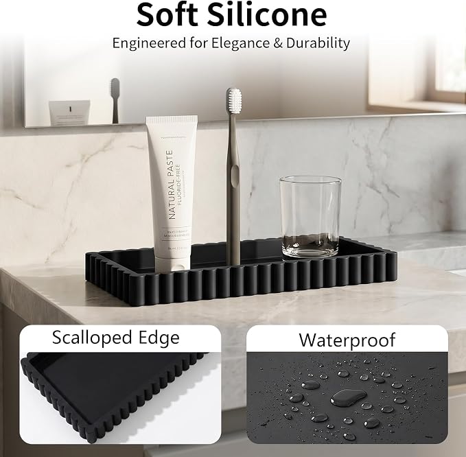 Bathroom Vanity Tray - 9.4''x3.9'' Silicone Bathroom Tray with Scalloped Edge, Counter Top Tray for Vanity Sink Countertop, Decorative Organizer for Cosmetics Jewelry, Rectangular, Black