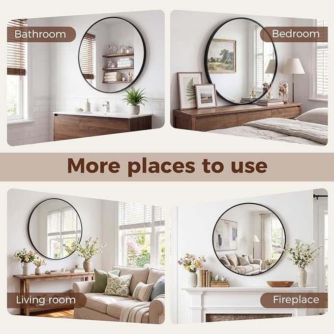 Sweetcrispy 30 Inch Round Wall Mirror, Bathroom Mirrors for Over Sink | Matte Metal Framed, Wall Decor for Bedroom, Entryway, Anti-Rust, Tempered Glass, Hanging or Leaning, Black