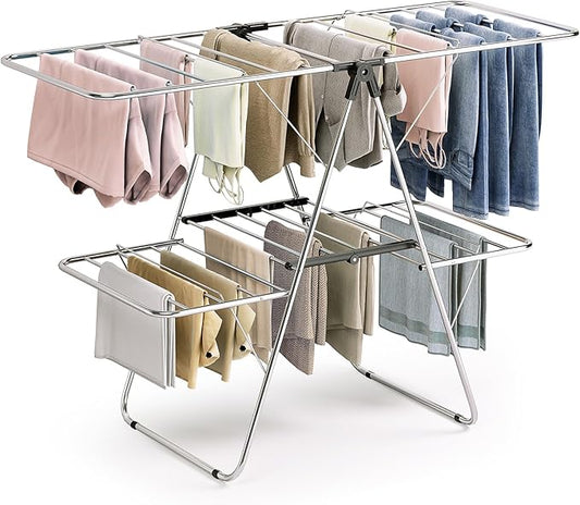 Large Stainless Steel Clothes Drying Rack, Generous Drying Area | Foldable 2-Level Drying Rack Clothing, Free-Standing Laundry Airer, with Height-Adjustable 4 Wings, Matte Black