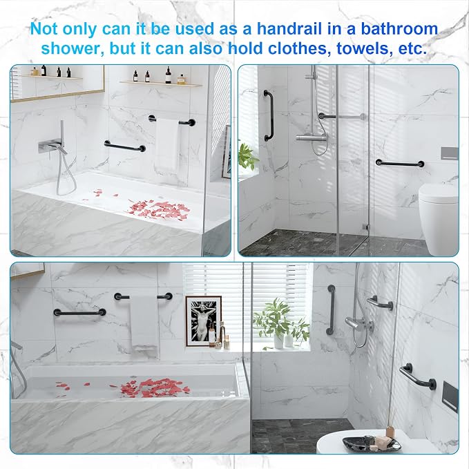 Black Grab Bar 16 Inch, Grab Bar for Bathtub and Shower | Stainless Steel, Bathroom Safety Bar, Bath Handle Handrail for Senior Elderly, Matte Black Handicap Bars, Wall Mounted