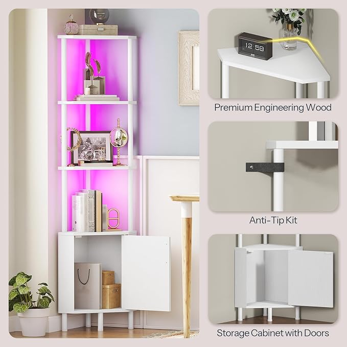 HOOBRO Corner Cabinet with LED Light, Corner Shelf Stand with Storage and Doors, 5-Tier Industrial Corner Bookshelf, 59” Tall Display Rack Shelf, for Living Room, Kitchen, White WT147DCJ01