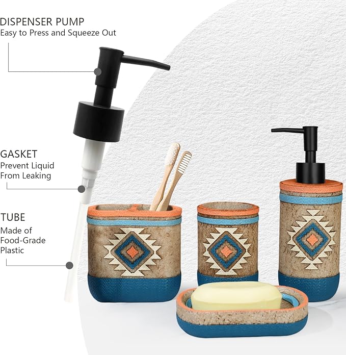 Bathroom Accessory Sets 4PCS Bathroom Accessories Set Complete Tribal Home Decor Southwest Pattern Shape Includes Lotion Dispenser Toothbrush Holder Tumbler Cup & Soal Dish