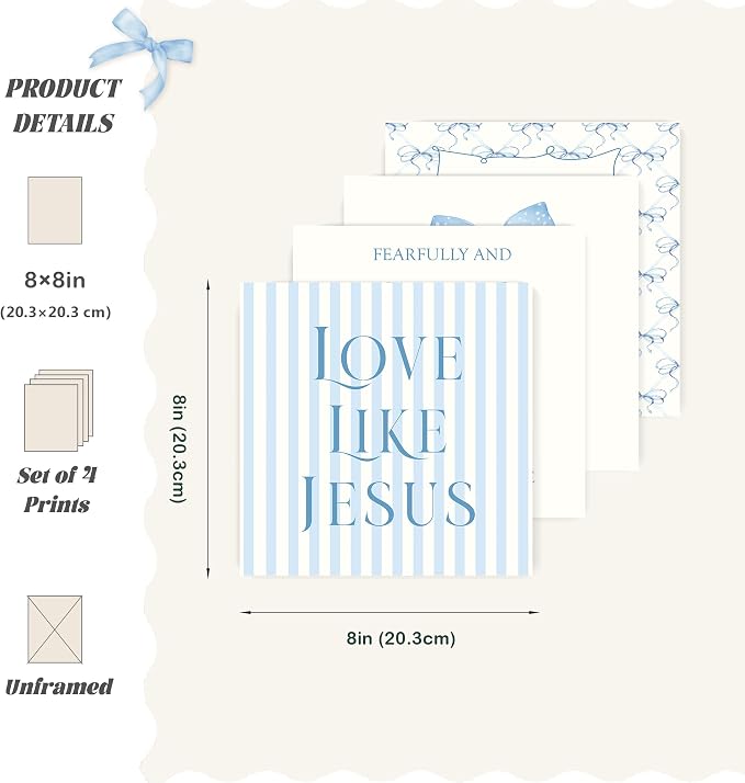 LARTSFRO Coquette Blue Bow Jesus Wall Art Decor Posters, Light Blue Bow Christian Room Bathroom Bedroom Dorm Wall Art Decor Aesthetic for College Teen Girls Gifts, Inspirational Bible Verses Bow Wall Decor, 8x8 Inch Set of 4 Bow Pictures(UNFRAMED)
