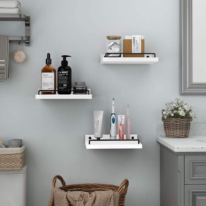 RYOFOBETTO Small Floating Shelf, 6X9 Inches Farmhouse Wall Shelves for Living Room, Bedroom, Picture Frames, Plants, Kitchen, Set of 3 (White and Black)