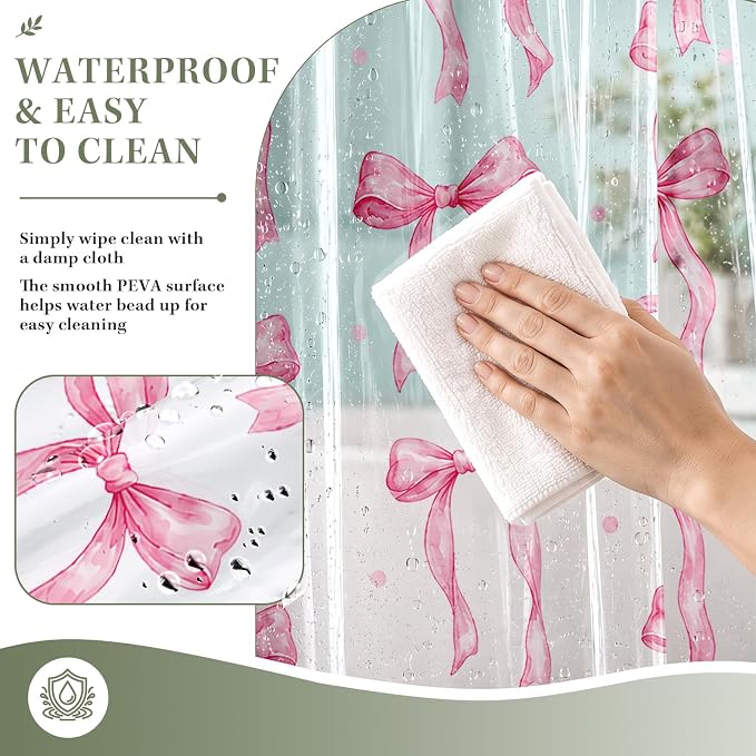 Clear Shower Curtain Liner, Pink Bow Preppy PEVA, 72x72 Inch | Cute Girly Waterproof Bath Plastic Shower Curtains Set with 3 Weighted Magnets and 12 Hooks for Bathroom Decor