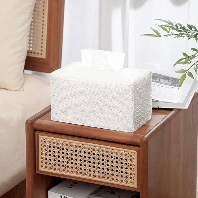 Tissue Box Cover Rectangle Leather Facial Paper Holder, White | PU Leather，Easy to Fill, Easy Clean, Decorative Cube Tissue Box Holder for Office, Bathroom,Kitchen, Living room, Guest room