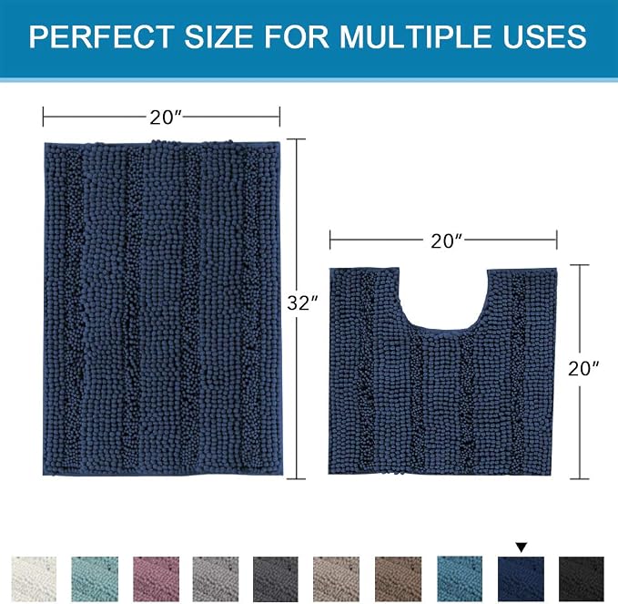 H.VERSAILTEX Bathroom Rugs Bath Rug Set 2 Piece Bathroom Contour Rug Toilet Mat Sets Non Slip Contour Bath Rug Ultra Thick Water Absorbent Striped Bath Mats Washable(20" x 32" Plus 20" x 20" U, Navy)