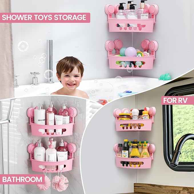 TAILI Suction Corner Shower Caddy, Bathroom Shelf Storage Basket | 2 Pack, Wall Mounted Organizer for Shampoo, Plastic Rack for Kitchen and Bathroom, Drill-Free Removable-PINK