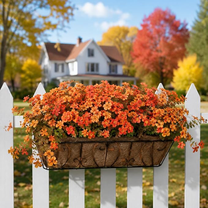 florisso Artificial Fall Flowers Fake Mums for Outdoor Autumn Decor | 12 Bundles Faux Silk Orange Yellow Mums Daisy + 1 Pc Reddish‑Brown Straw, UV Resistant for Outside Home Porch Patio Planter