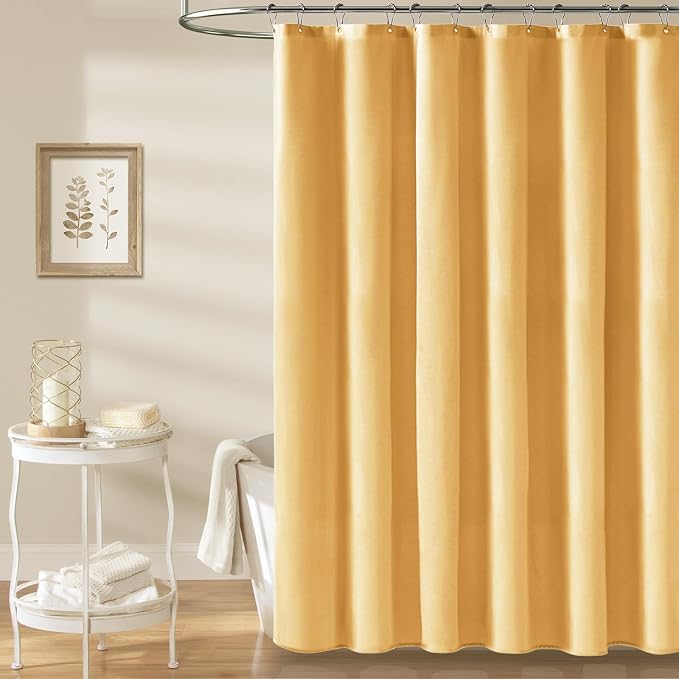 72x78 Linen Textured Waterproof Thick Fabric Shower Curtain Set, Gold | Long Size, 230GSM Polyester, Heavy Duty Cloth, Weighted Hem, 12 Plastic Hooks, Modern Luxury Hotel Style, Machine Washable