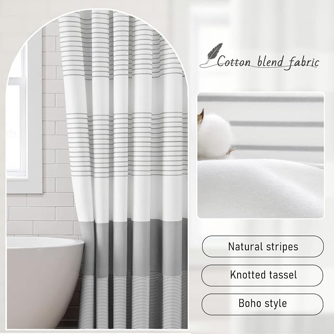 Grey Farmhouse Cotton Striped Shower Curtain with Tassel 60"W X 72"L | Boho Farmhouse Shower Curtains for Bathroom with Soft Cotton Feel