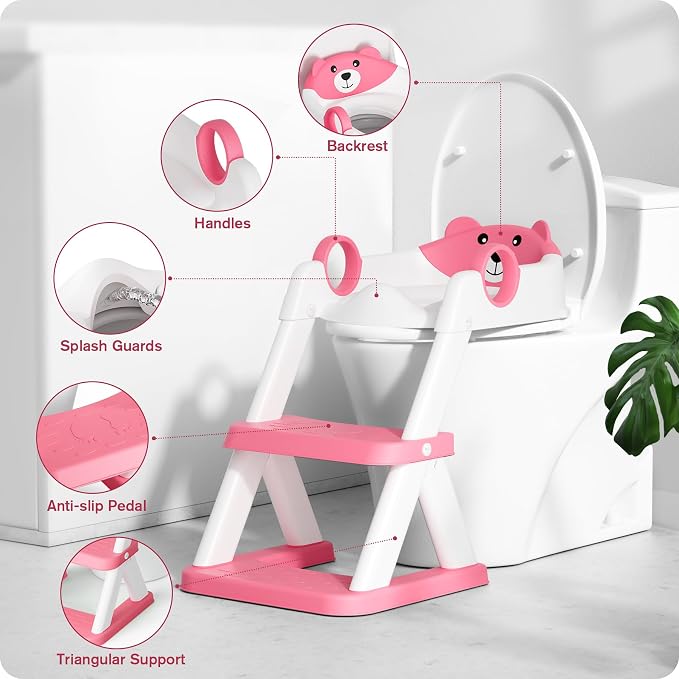 Potty Training Seat, Upgrade Toddler Toilet Seat for Kids Boys Girls, 2 in 1 Potty Training Toilet, Splash Guard Anti-Slip Pad Step Stool(Bright Pink)