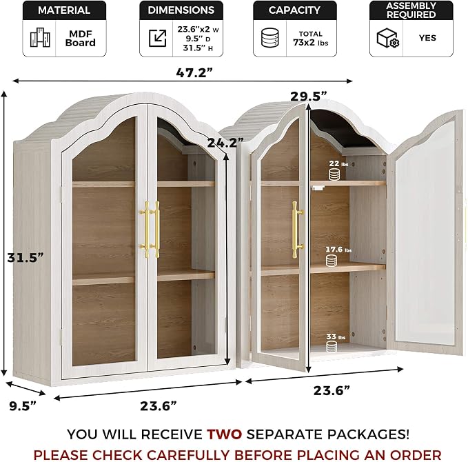 FIMELLO 47.2’’W Wave Design Arched Wall Cabinet, Bathroom Cabinet with Glass Doors Adjustable Shelf, Above Toilet Cabinet, Kitchen Wall Cabinet, Wall Bookshelf, White Grain