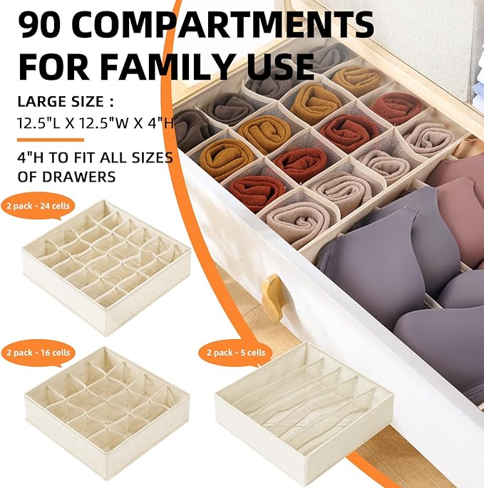 6 Pcs Drawer Organizer Clothes - 90 Cells Closet Organizers and Storage for Baby Nursery - Washable Fabric Dresser Organizer Dividers for Sock Underwear Bra Dorm Room Essentials (Beige)