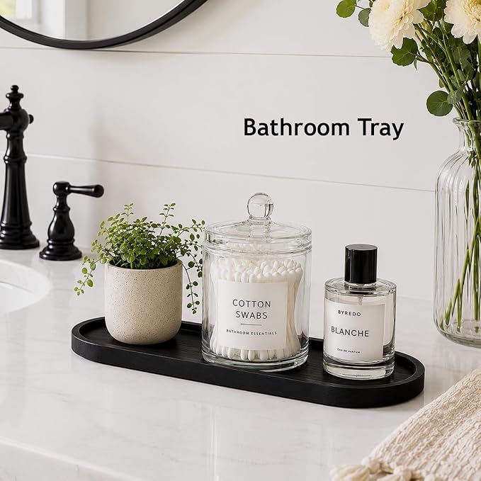 SheeChung Bathroom Counter Tray, Small Bamboo Vanity Tray - 14" x 3.9" | Black, Decorative Kitchen Countertop Organizer for Soap Dispenser, Perfume, Jewelry, Catchall, Makeup, Candle, Coffee Table