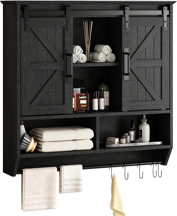 RUSTOWN Farmhouse Bathroom Wall Storage Cabinet with Sliding Barn Doors | 3-Tier, Rustic Wood Wall Mounted Cabinets, Vintage Medicine Cabinet, Adjustable Shelves, Over The Toilet Storage Cabinet