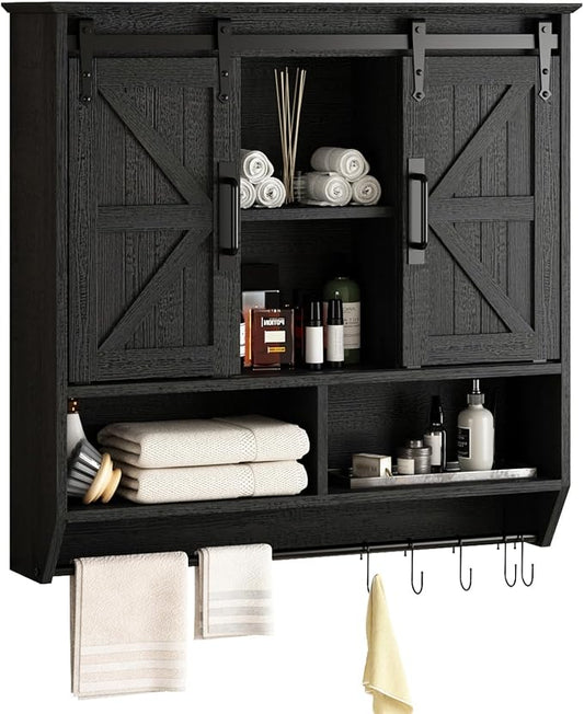 RUSTOWN Farmhouse Bathroom Wall Storage Cabinet with Sliding Barn Doors | 3-Tier, Rustic Wood Wall Mounted Cabinets, Vintage Medicine Cabinet, Adjustable Shelves, Over The Toilet Storage Cabinet