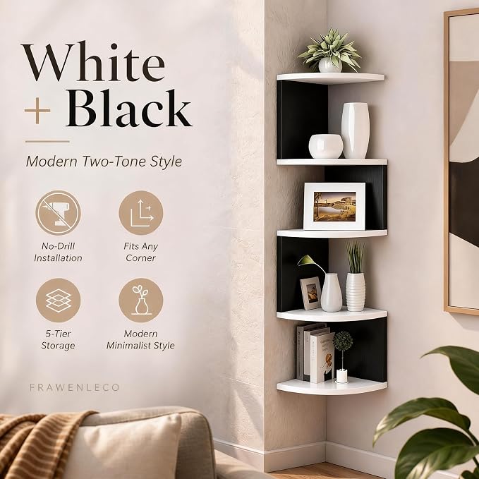 No-Drill Corner Shelf Wall Mount, 5-Tier Floating Corner Bookshelf with Hooks, Space-Saving Zigzag Plant Shelf for Bedroom, Living Room, Bathroom, Home Office(White & Black)