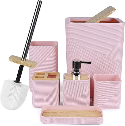 CERBIOR Bamboo Bathroom Accessories Set 6 Piece Bath Ensemble（Pink） | Includes Soap Dispenser, Toothbrush Holder, Toothbrush Cup, Soap Dish for Decorative Countertop and Housewarming Gift (Pink)