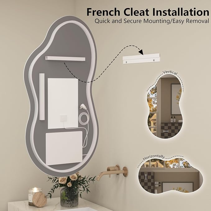 48x26 Inch Irregular LED Backlit Bathroom Mirror | Asymmetrical Lighted Vanity Mirror for Wall, Cloud Shape, Anit-Fog, Dimmable, Memory, Shatterproof (Horizontal/Vertical)