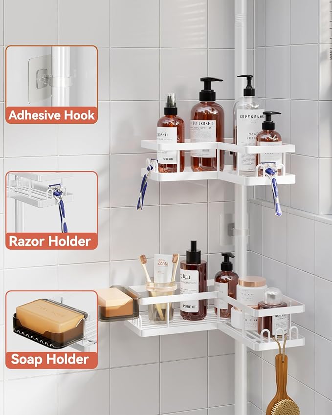 Corner Shower Caddy Tension Pole, 25.7-109.1in Adjustable Shower Shelves, Rust-Resistant Shower Organizer, No-Drill 3-Step Installation, Bathroom Shelves for Renters & Family, White