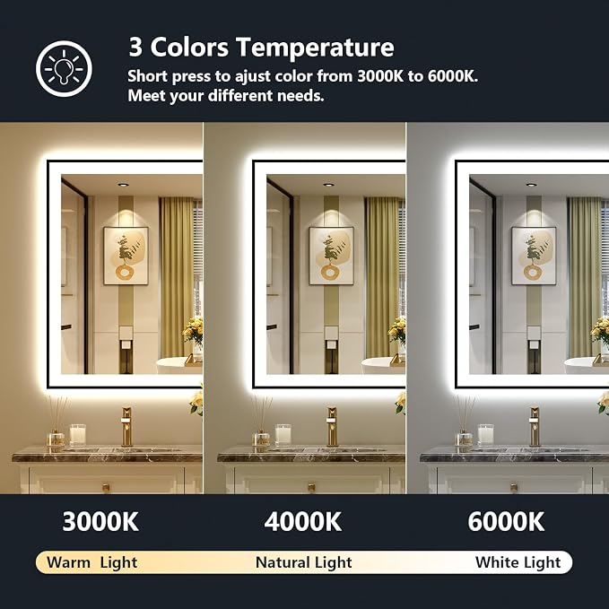 48x36 Inch LED Bathroom Mirror with Lights (Front Lit and Backlit) Black Framed Lighted Vanity Mirror for Bathroom Wall Dimmable Anti-Fog Memory Tempered Glass Horizontal/Vertical