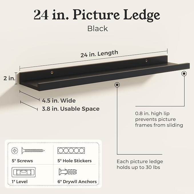 Black Picture Ledge Shelves for Wall, 4.5" Deep Wood Floating Shelves with Lip for Bedroom, Living Room, 24" Width, Color Black Set of 2