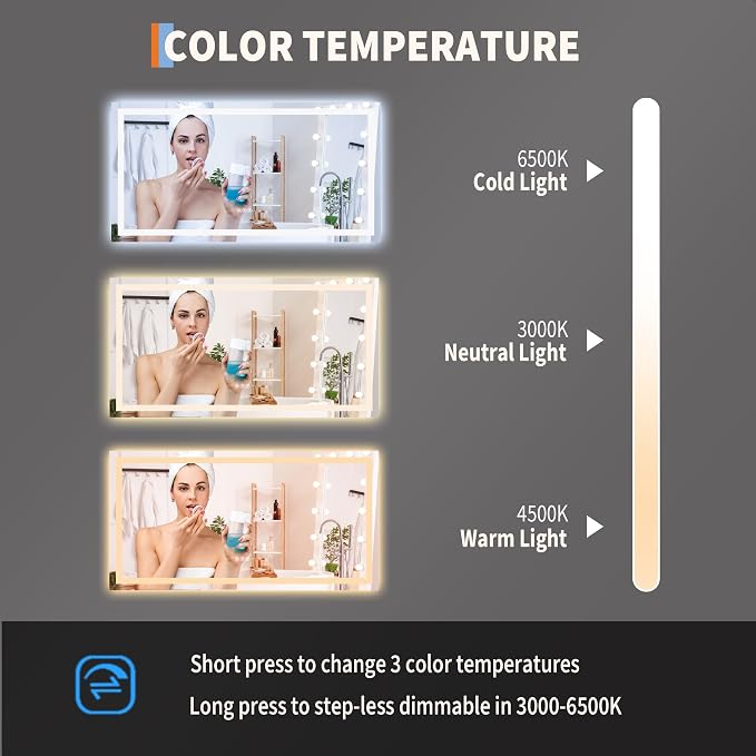 Large LED Bathroom Mirror 60x36 Inch - Frontlit & Backlit Frameless Wall Vanity Mirror with Stepless Dimming, Adjustable Color Temp, Anti-Fog Defogger, Smart Memory & 3X Suction Mirror, Sha