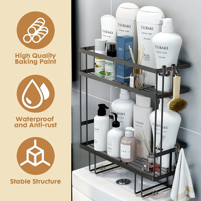 PowerKing Over The Toilet Storage Shelf, 2-Tier Bathroom Organizer, Black | No Drill Installation, Rust Resistant Steel, 2 Hanging Hooks, Toilet Paper Holder, Restroom & Bathroom Space Saver