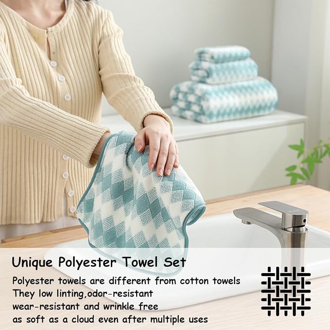 12 Pcs Turquoise Diamond Towel Set-4 Bath Towels,4 Hand Towels,4 Washcloths Soft Polyester Towels with Loop Absorbent Shower Towel Quick Dry Beach Chair Towel Family Towels for Bathroom Spa Gym Pool