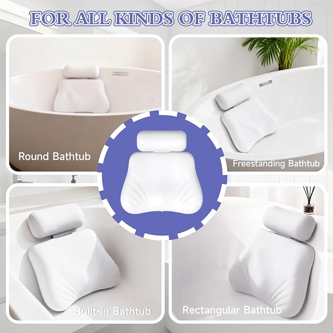 Silicone Bath Pillow, Upgraded Bath Pillows for Tub, Adjustable Height Bathtub Pillow for Head and Neck, 4D Luxury Tub Pillow Skin-Friendly Large Suction Cups Stability, Spa Relaxation-White