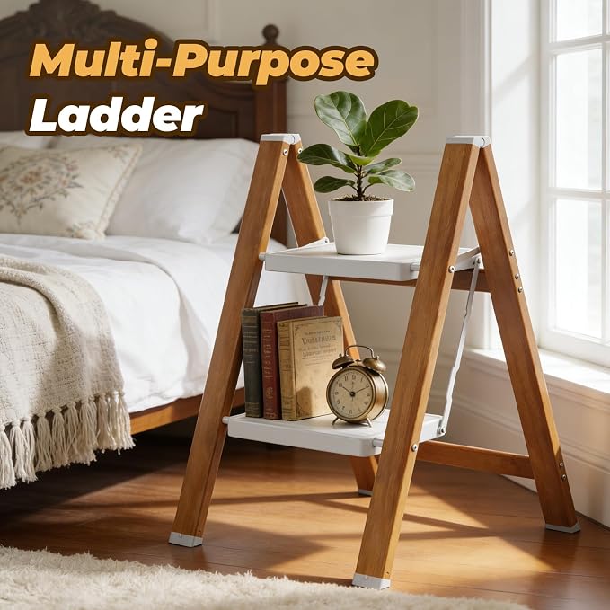 HBTower 2 Step Ladder, Lightweight Aluminum Folding Step Stool | Anti-Slip Wide Pedal, 330lbs Capacity Step Ladder for Household Kitchen Office, WhiteWoodgrain