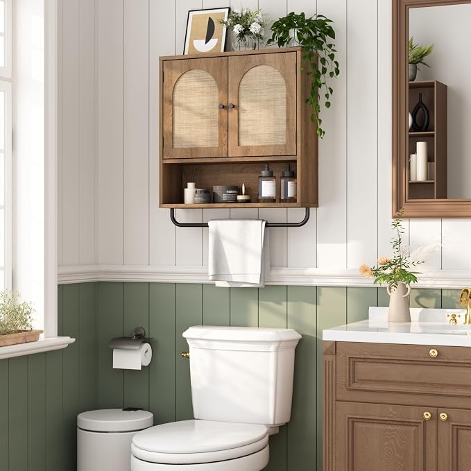 RUSTOWN Rattan Bathroom Wall Cabinet, Boho Medicine Cabinet with 2 Doors | Arched Doors, Farmhouse Over The Toilet Storage Cabinets, Adjustable Shelves, Towel Bar, 3-Tier Wall Mounted Cabinets
