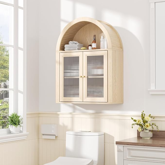 Medicine Cabinet with Arched Top, Bathroom Wall Cabinet Over Toilet with Wave Pattern Acrylic Doors and Removable Shelf, Roman Style Small Wall Cabinets for Kitchen, Living room, Laundry Room, Oak