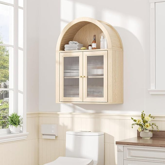 Medicine Cabinet with Arched Top, Bathroom Wall Cabinet Over Toilet with Wave Pattern Tempered Glass Doors and Removable Shelf, Arch Hanging Cabinets for Kitchen, Living Room, Laundry Room, Oak