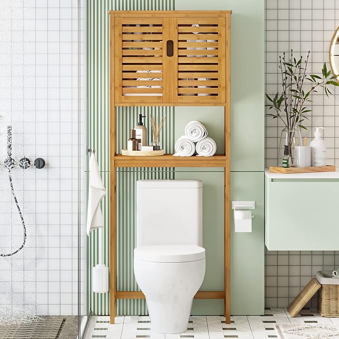 Over The Toilet Storage Cabinet, Tall Bathroom Cabinet Organizer with Cupboard and Adjustable Shelves, Freestanding Toilet Shelf Space Saver Rack Stand for Laundry Room, Balcony, Bamboo