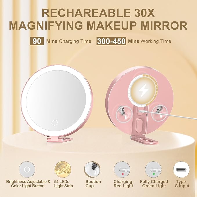 Mocado 30x Magnifying Mirror with Light, 6" Magnifying Mirror Suction Cup | 3 Colors Light, Dimmable Touch, 0-100% Brightness Adjustable, Stable Stand, 2000mAh Rechargeable, Handheld Mirror,(Rose Gold)