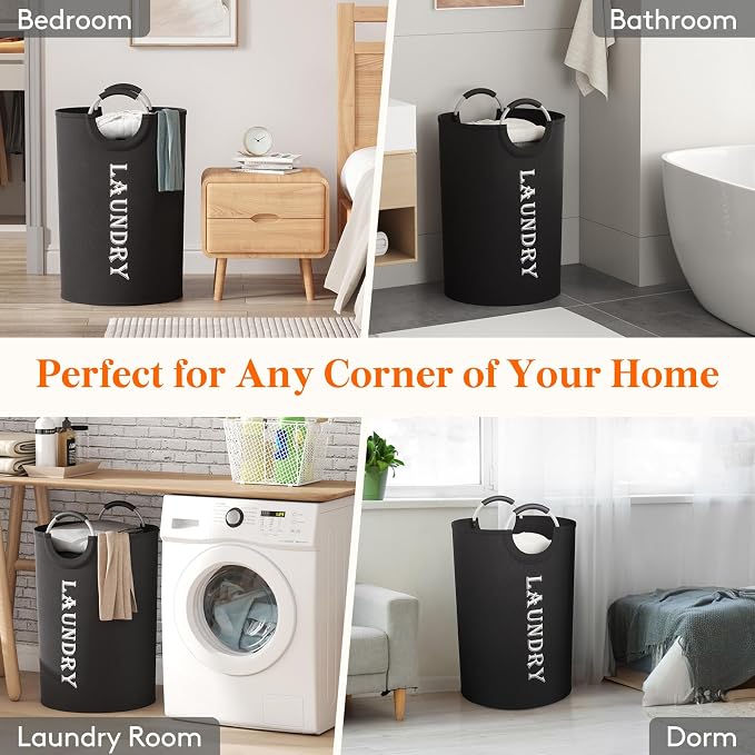 Lifewit 2 Pack 140L Laundry Basket with Aluminum Handles, Black | Collapsible Large Laundry Hamper, Waterproof Fabric, Freestanding Dirty Clothes Hampers for Dorm, RV, Bedroom, Laundry Room