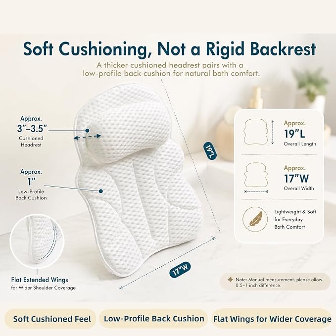 Bath Pillows for Tub, Bathtub Pillow for Head & Neck, Spine-Line Groove | Extended Wings | Spine-Line Groove | Extra Thick Headrest | Quick-Dry 4D Air Mesh | 6 Non-Slip Suction Cups | Laundry Bag