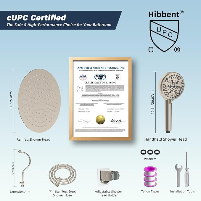 Hibbent All Metal CUPC Certified Shower Head, 10'' High Pressure Rainfall Shower Head, Handheld Showerhead Combo with 12'' Adjustable Extension Arm, 10-Spray, 71'' Hose, Shower Holder, Brushed Nickel