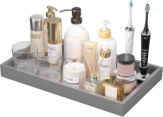 ZHWS Bathroom Vanity Tray for Countertop Perfume Makeup Jewelry Candle Decor, Kitchen Tray for Soap Dispenser Spice Salt, Large Tray for Toilet Tank Paper, Serving Nightstand Silver 13”x6.5”