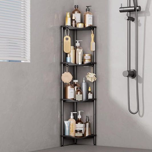 Lifewit Floor Standing Shower Caddy Corner, 4 Tier Plastic Shower Stand Rack with Adjustable Feet and Hooks, Rustproof Bathroom Shelf Organizer, Black, 34 x 24 x 107 cm/13 x 9.5 x 42 inch