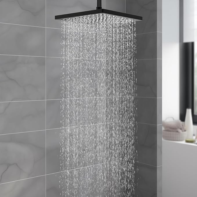 Hibbent cUPC Certified High Pressure 12'' Rain Shower Head, Matte Black | Thickness Metal Showerhead, Square Large Bathroom Rainfall Shower Head, Adjustable Brass Ball, Waterfall Full Body Coverage