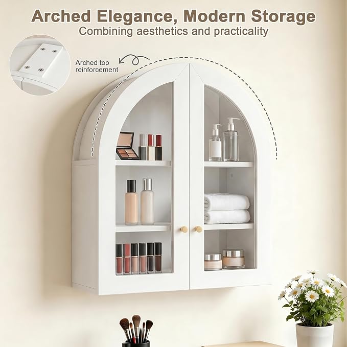 Arched Wall Cabinet, Bathroom Cabinet Wall Mount with Glass Doors & Adjustable Shelf, Floating Medicine Cabinet for Bathroom, Kitchen, Living Room Storage, White