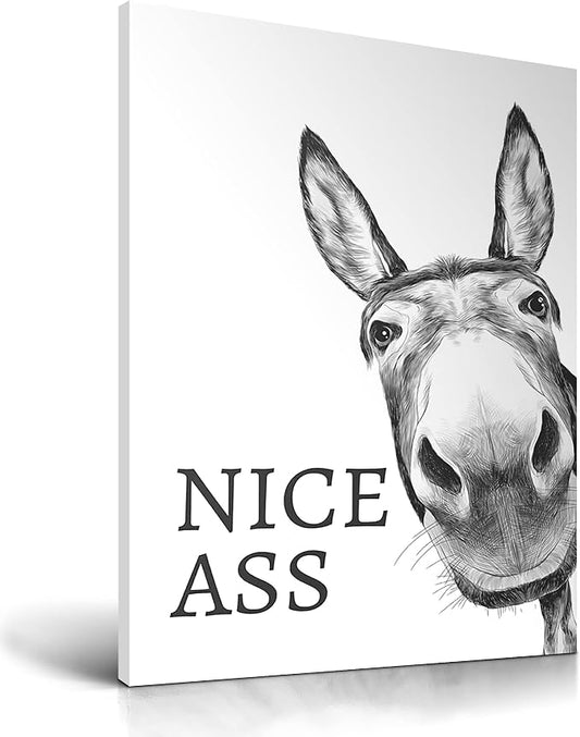 UPWOIGH Funny Donkey Bathroom Wall Art, 12 x 16 Inch Wrapped Canvas | Black and White Donkey Sketch with Humorous Quote for Guest Bath, Powder Room, Restroom, Office or Small Wall Space
