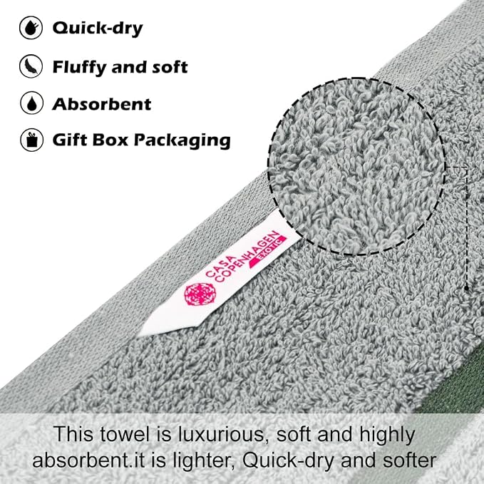 CASA COPENHAGEN 6pcs Bathroom Towel Gift Set, 550 GSM, Pine Grey | Exotic 100% Egyptian cotton,2 Bath Towel 2 Hand Towel 2 Washcloth Towels. (Gift Set for Women & Men)