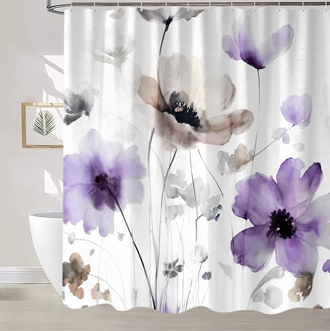 Sanzugh Boho Floral Shower Curtain, Cream Tan Beige Purple Grey White Flower Farmhouse Fabric Shower Curtains Set for Bathroom Decorative with Hooks 72 X 72 inch Spring Bath Decor