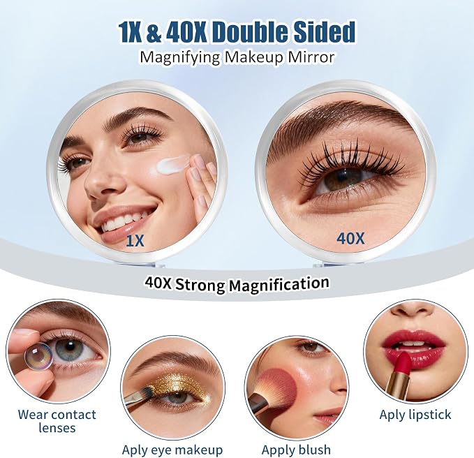 Magnifying Hand Mirrors with Handle - Double Sided Handheld Mirror with 1X 40X Magnification, Portable Travel Folding Hand Held Mirror, Pedestal Makeup Vanity Mirror